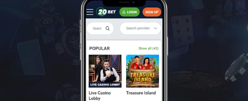 Pantalla de 20Bet casino móvil