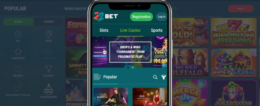 Pantalla de 22Bet casino móvil